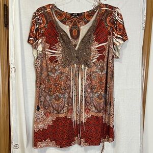 Apt 9 Red and Brown Patterned Short Sleeve Top